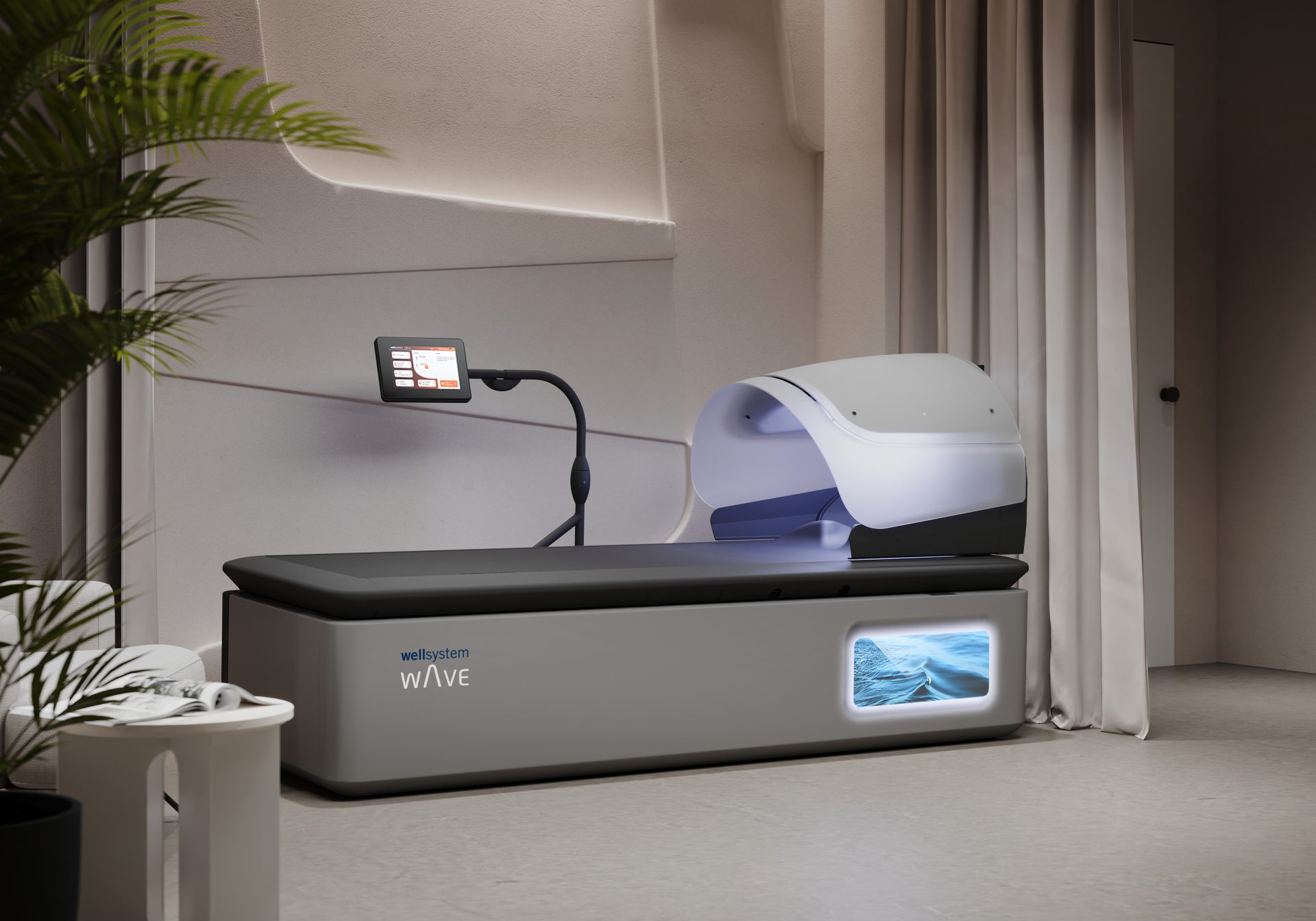 HydroWave bed with spa hood in a calm, softly lit lounge