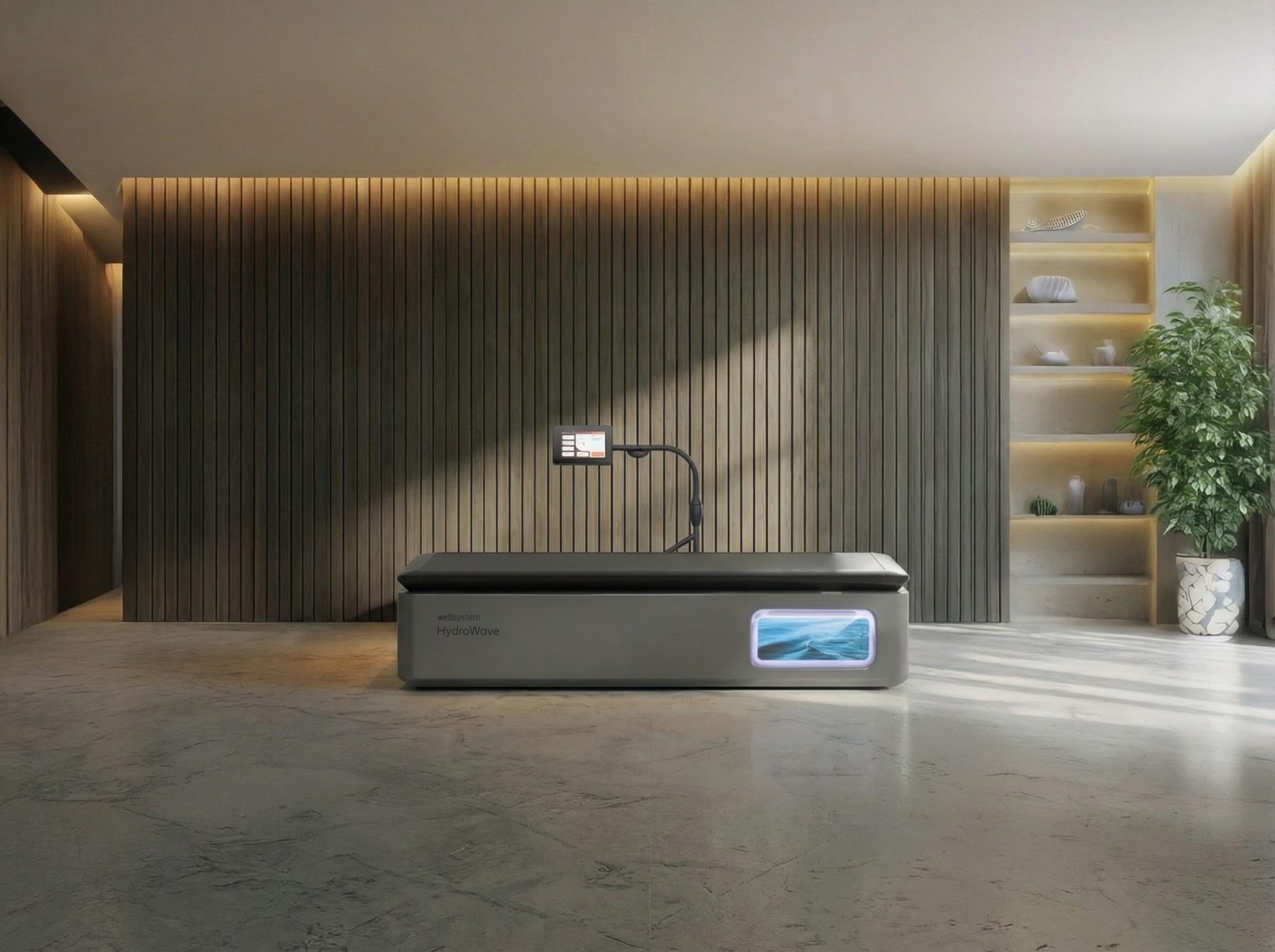 HydroWave Plus bed in a warm, timber-lined treatment room