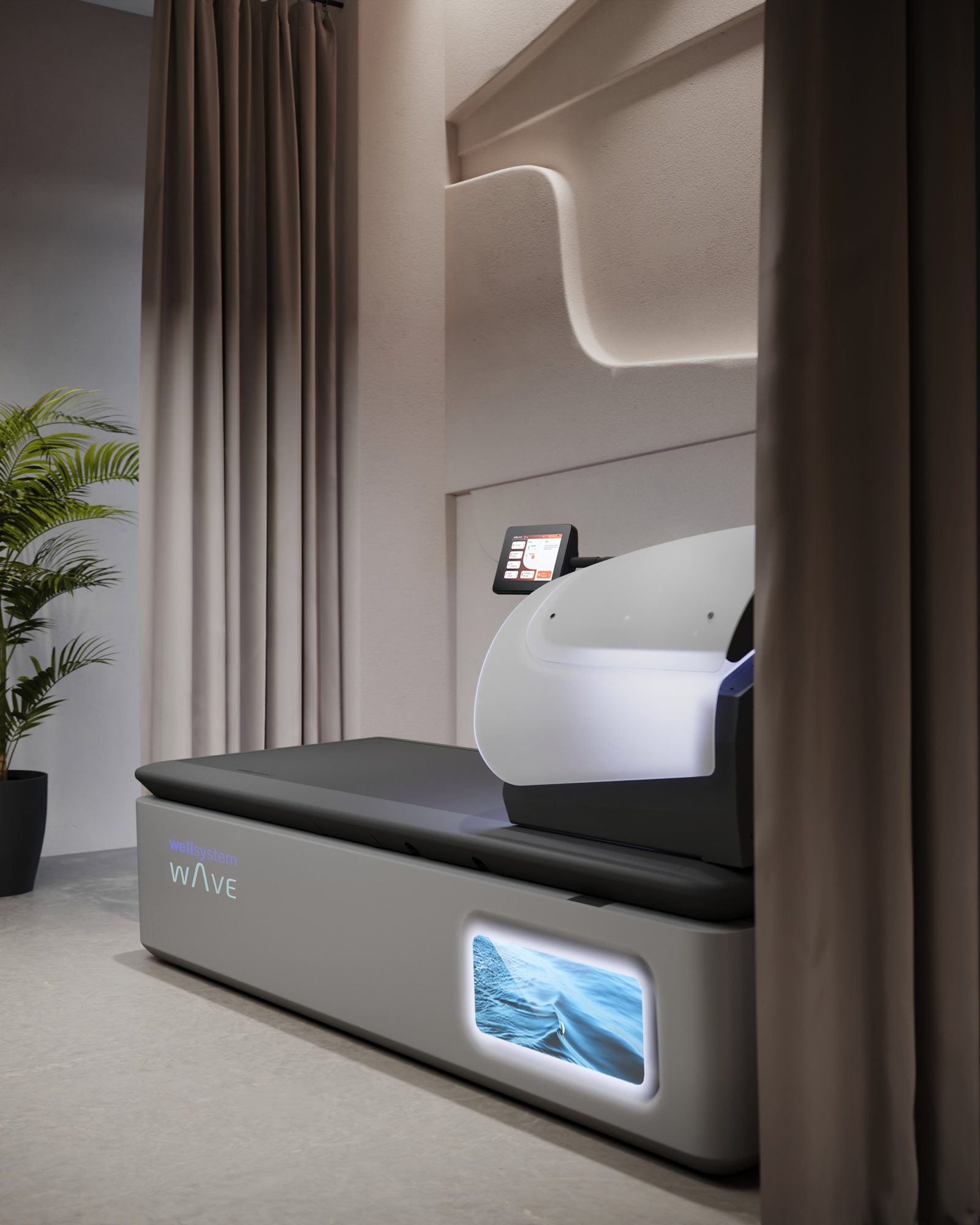 wellsystem bed with spa hood in a softly lit treatment room framed by curtains