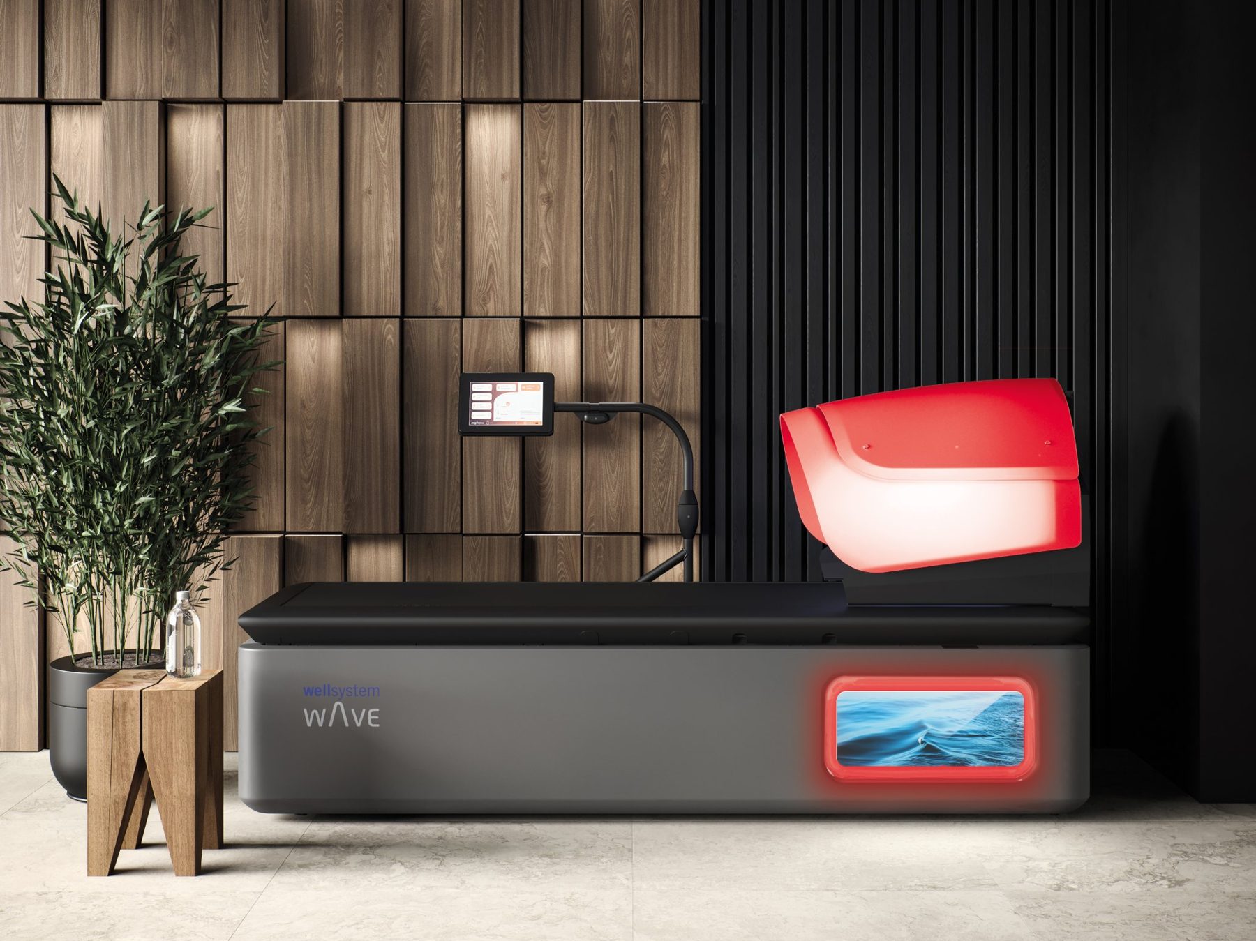 Dark grey wellsystem bed with a glowing red spa hood against timber and black slatted walls