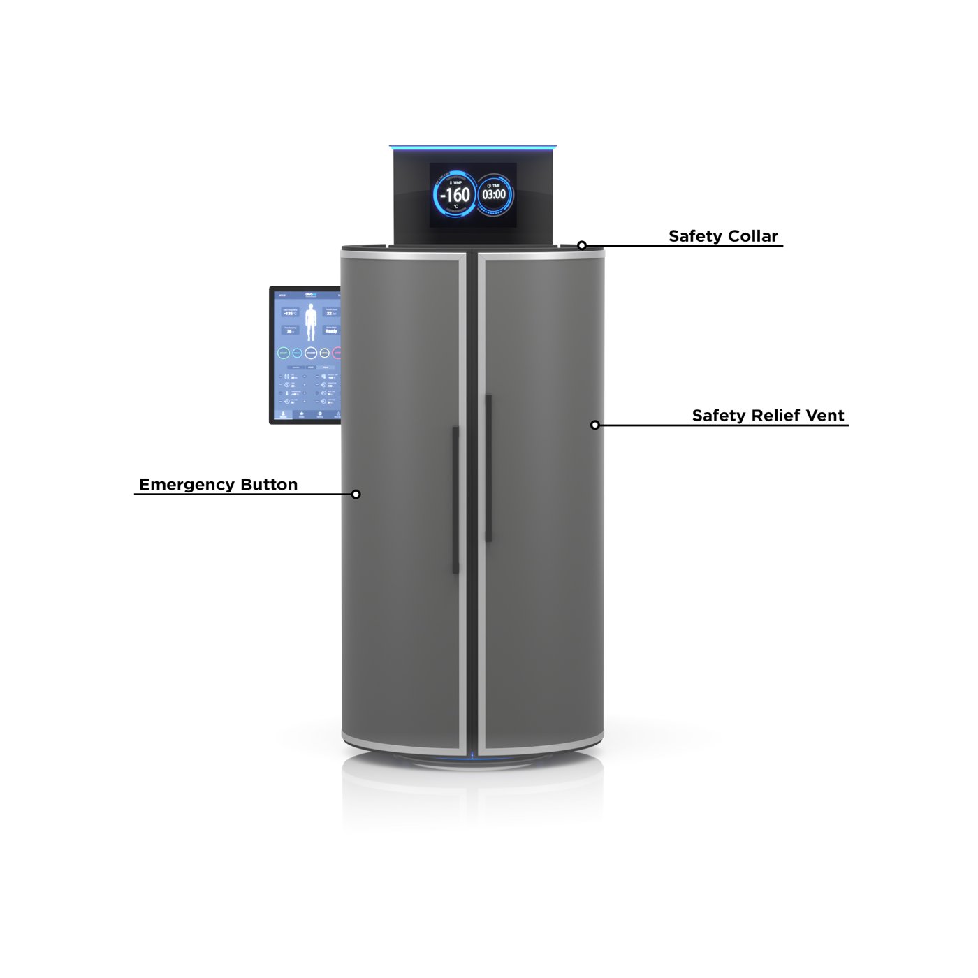 CRYO XC closed, showing the safety collar, safety relief vent and emergency button