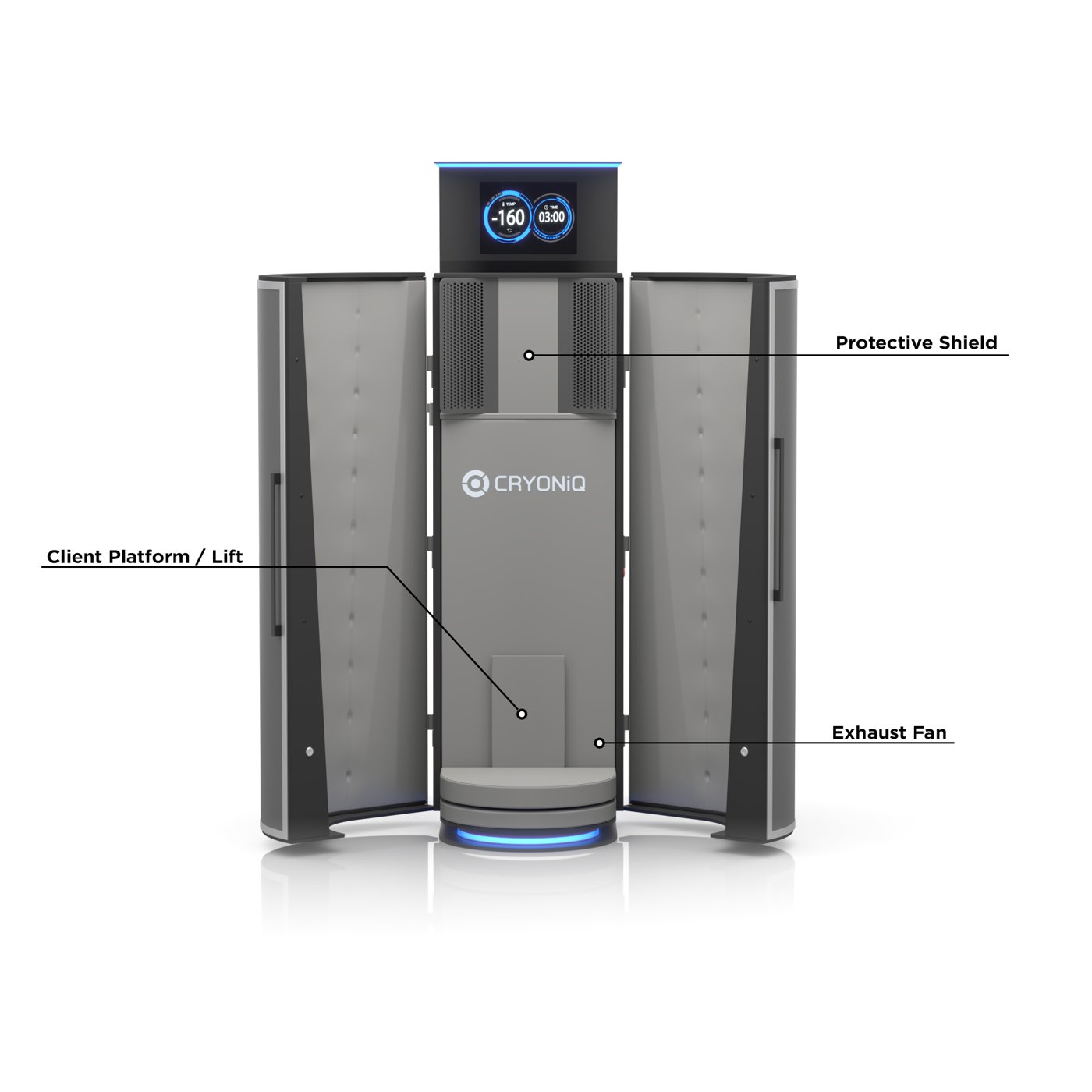 CRYO XC with doors open, showing the protective shield, client platform with lift and exhaust fan